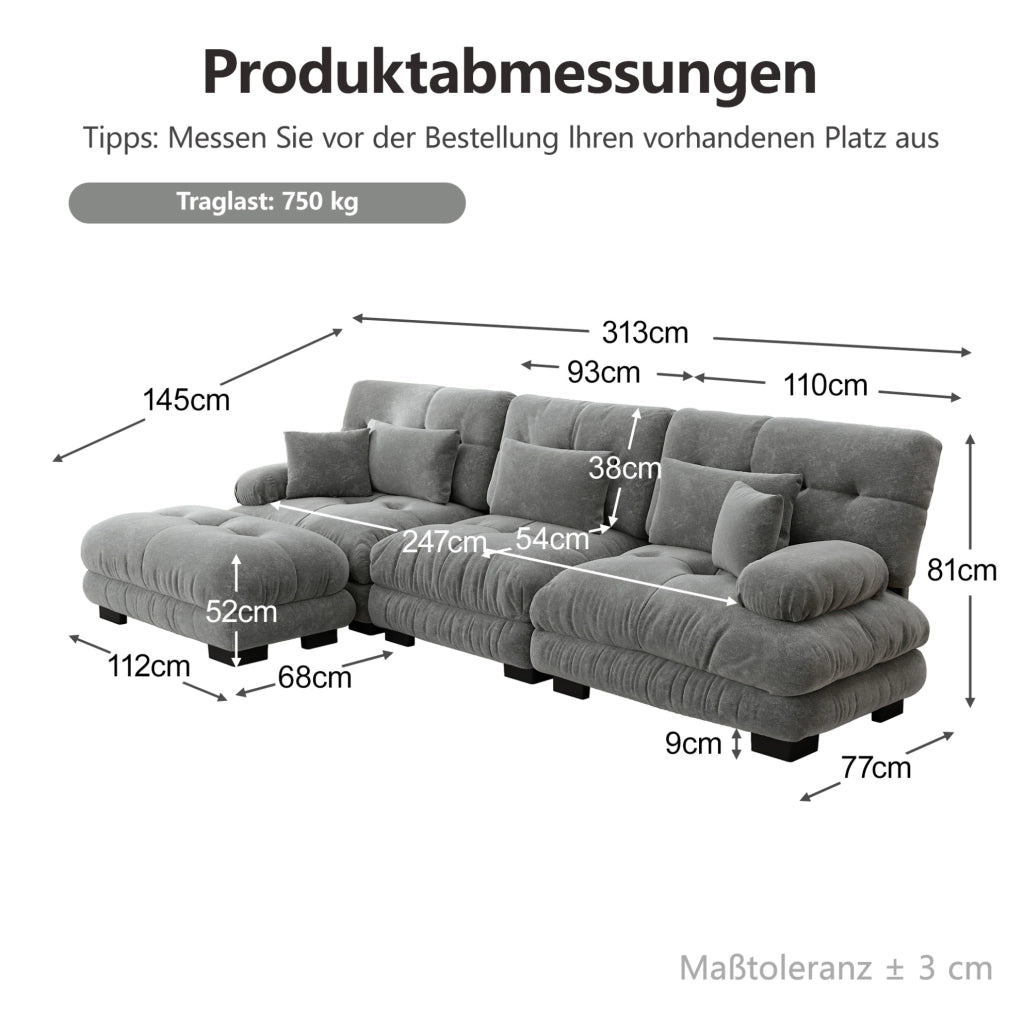 Divano angolare modulare con ottomane 313x145x81 cm in ciniglia grigia