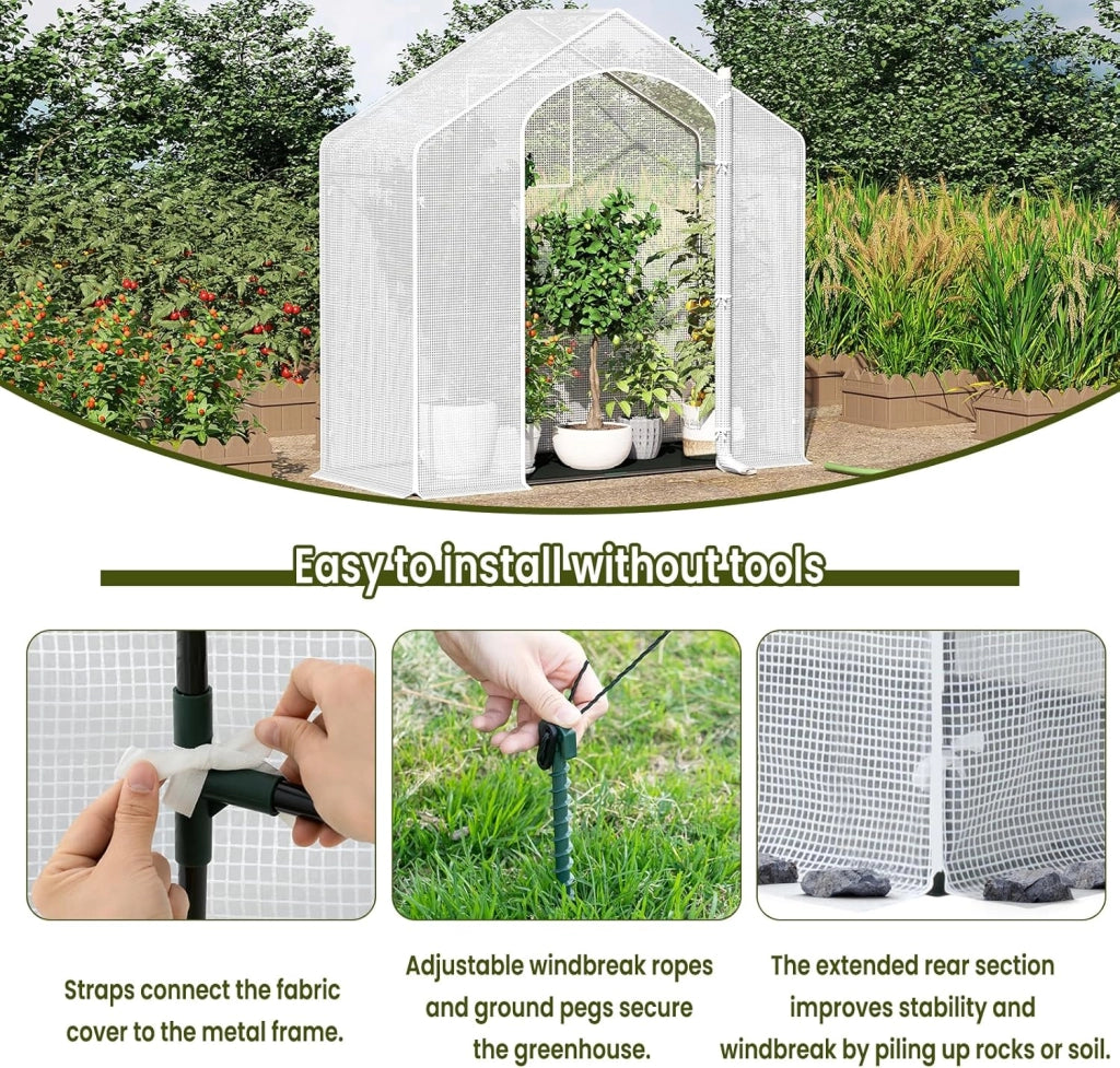 Serra da Giardino con Porte Avvolgibili, Serra da Balcone con Base in tessuto PE nero, Telo per Serra in Rete PE 140g/m2, Serra per Piante Impermeabile, 4 Picchetti, 200x80x200cm, Bianco