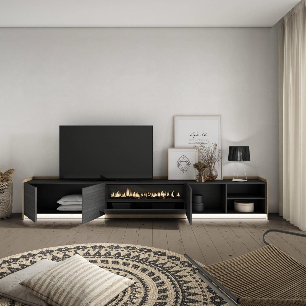 Mobile TV Soggiorno, 310x50x37 cm, Per TV fino a 80", Camino elettrico, LED, Nero e rovere