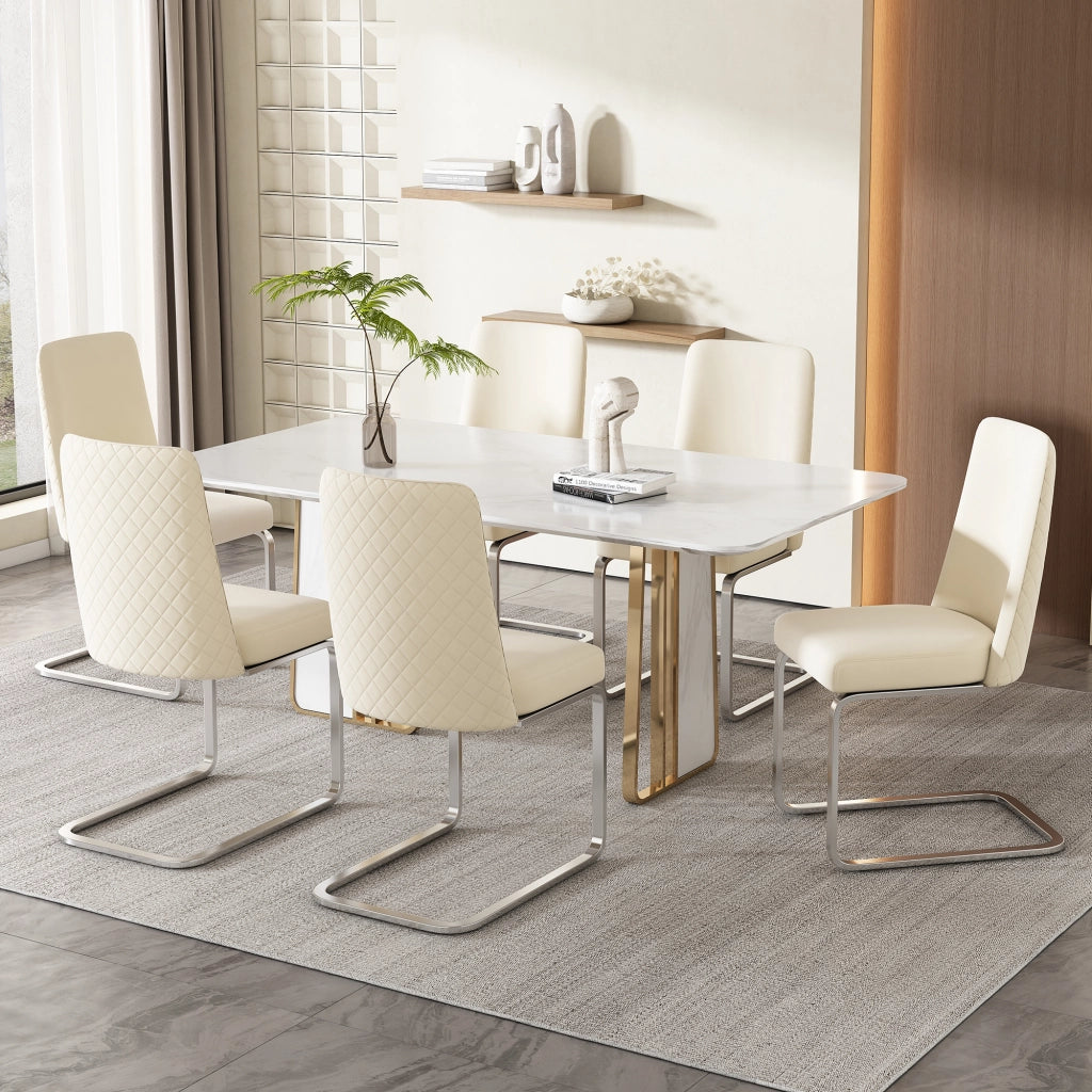 Sedia da pranzo in velluto 2 pezzi con schienale a rombi e gambe in metallo per soggiorno beige e argento