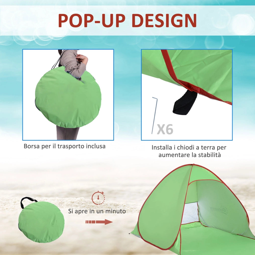 Tenda da Spiaggia Pop Up 200x150x119 cm con Protezione UV 30+ e Borsa di Trasporto Verde