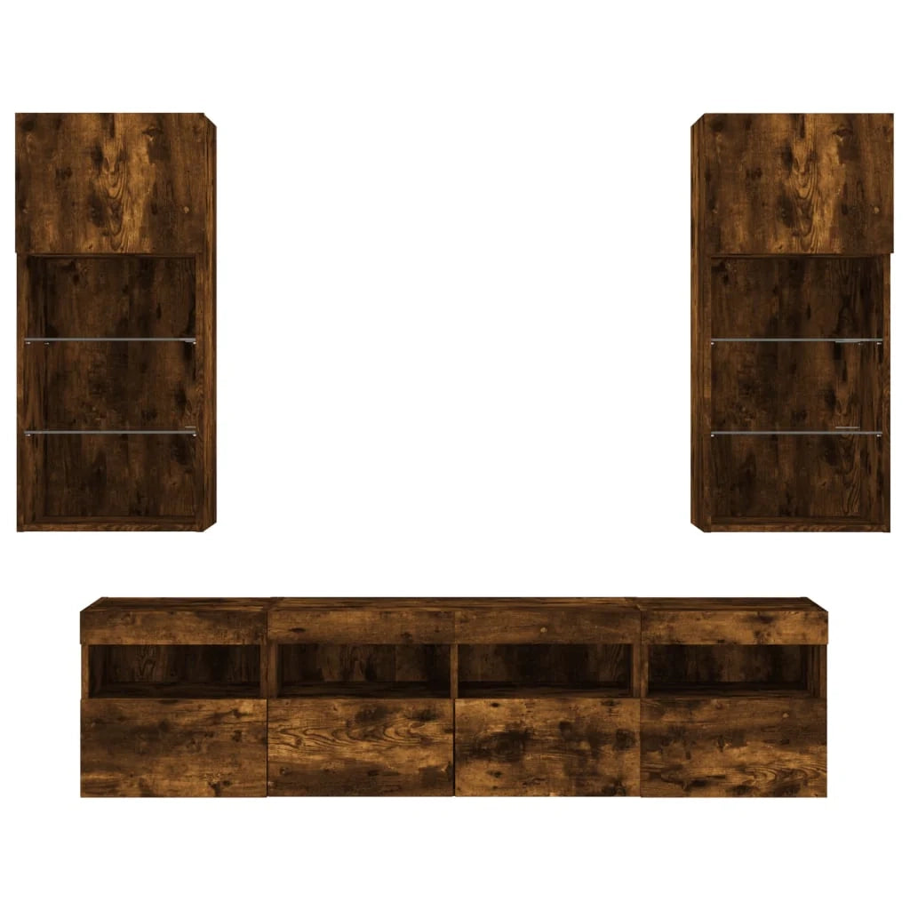 Mobile TV multimediale mensola TV credenza TV sala da pranzo soggiorno camera da letto con LED 5 pezzi rovere affumicato legno ingegnerizzato marrone 02_0029407
