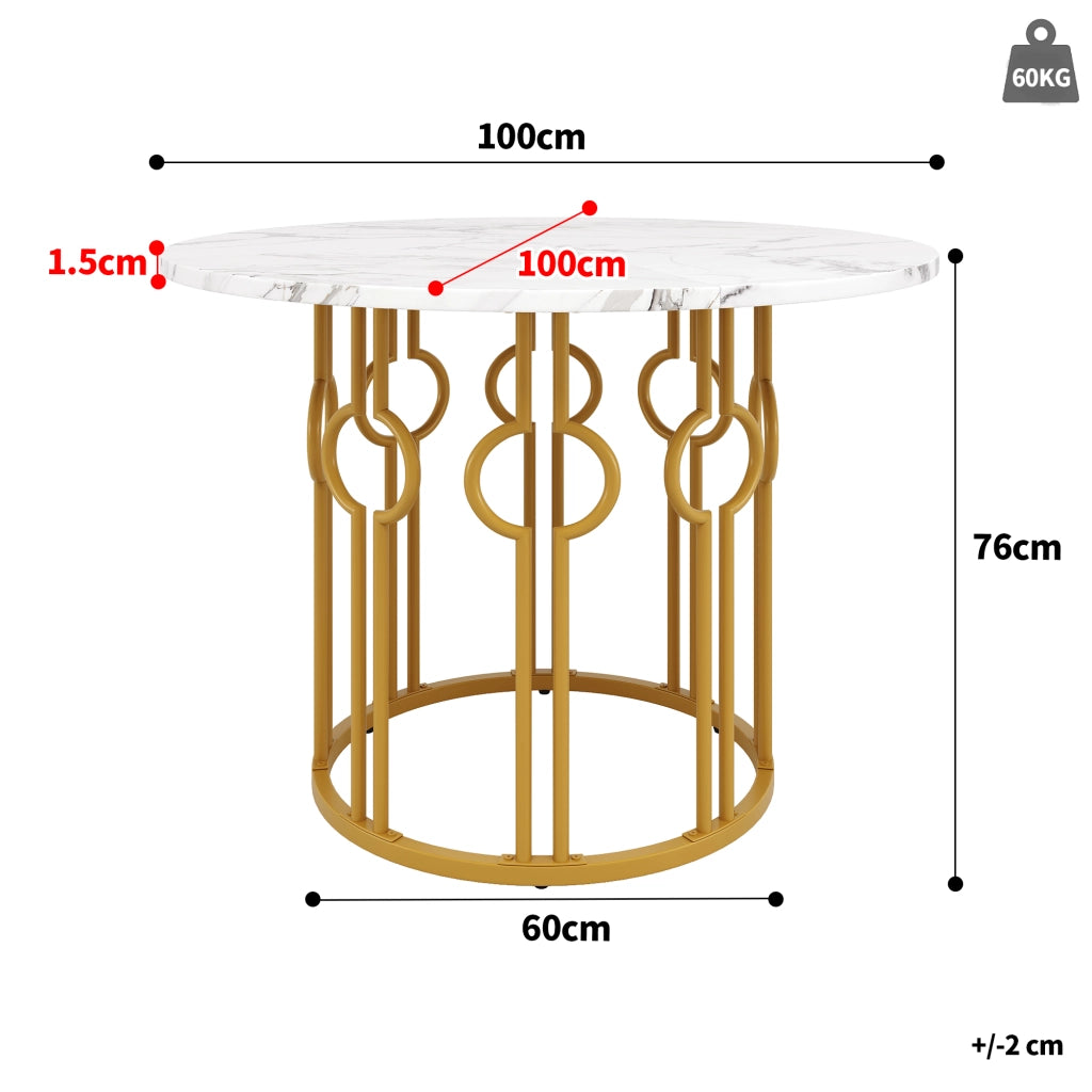 Tavolo da pranzo rotondo con 4 sedie in velluto, piano in MDF effetto marmo, base in metallo, per cucina e sala da pranzo, 100 × 100 × 76 cm