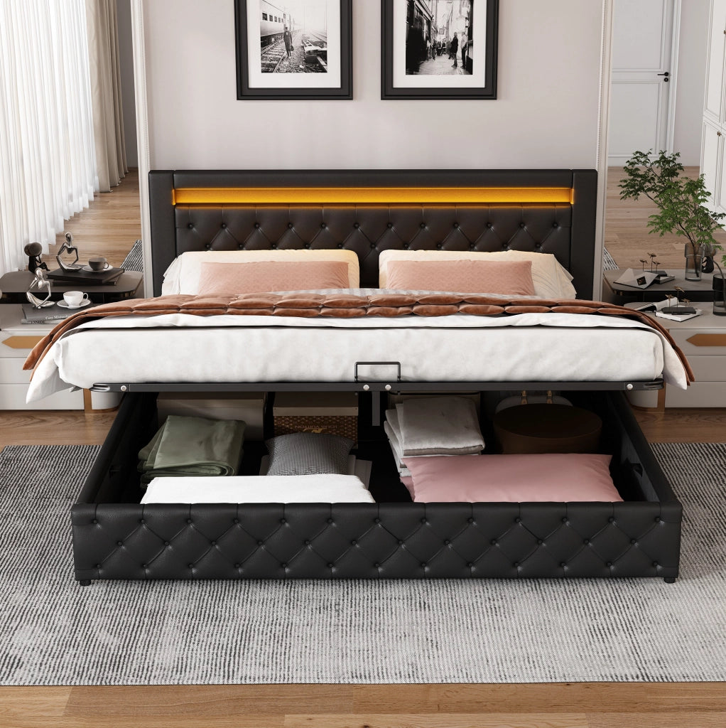 Letto imbottito 180x200 cm con contenitore; rete a doghe e LED; nero PU
