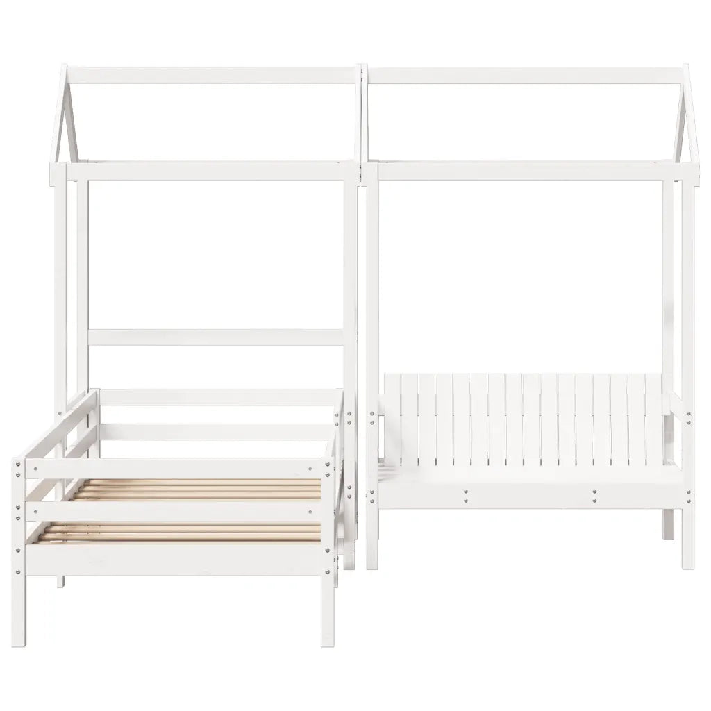 Letto singolo | Letto per adulti | Giroletto con Panca e Tetto Bianco 75x190cm Legno Massello Pino