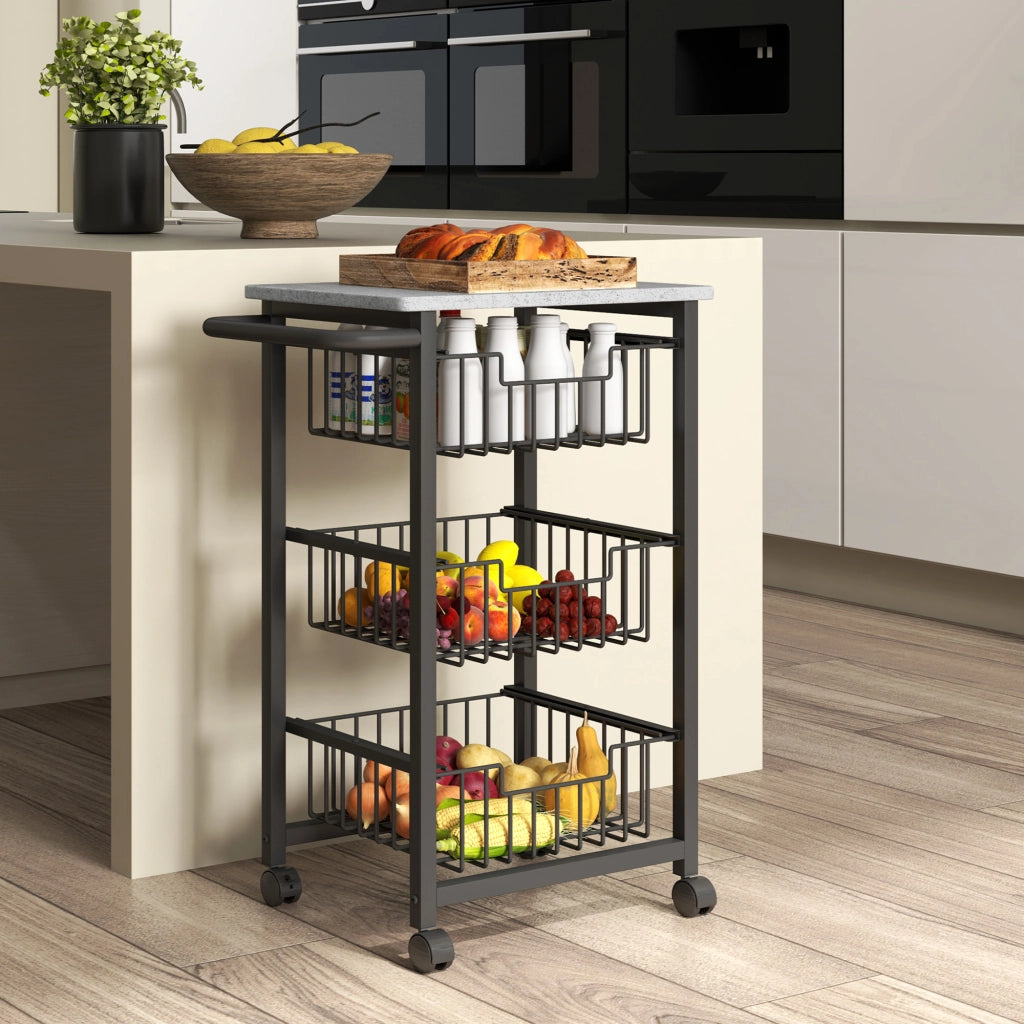 Carrello Porta Frutta e Verdura con 3 Cestini ¨C zephmum ¨C Grigio 49.5x31x69 cm
