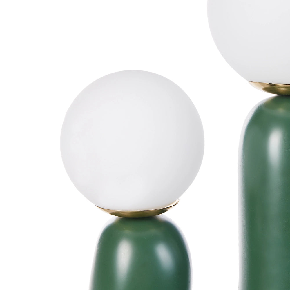 Lampada da tavolo Base in resina verde Paralumi in vetro rotondi Doppio paralume Base a U