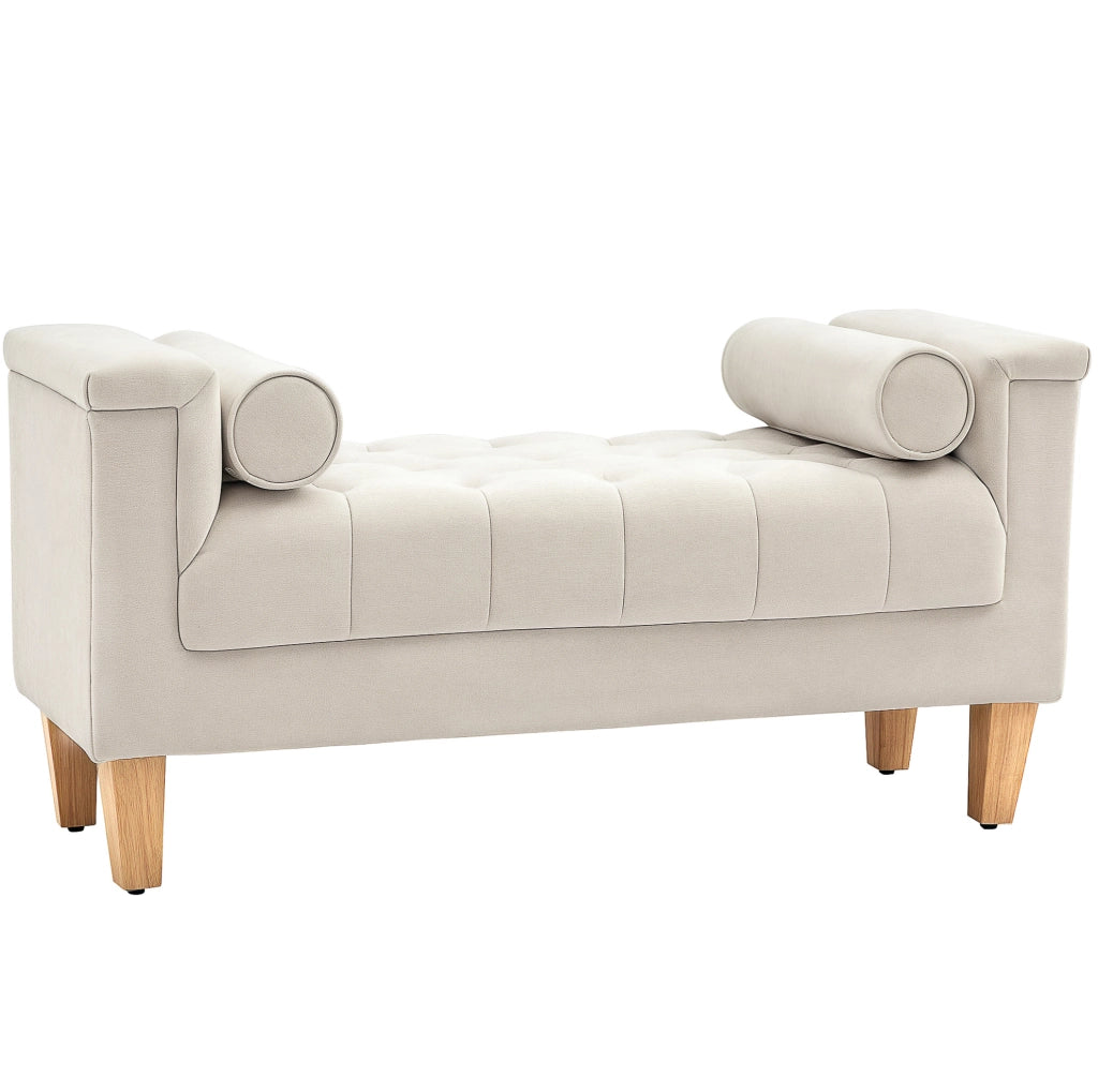 Panca imbottita in ciniglia con braccioli e 2 cuscini; 115 x 44 x 58 cm; beige