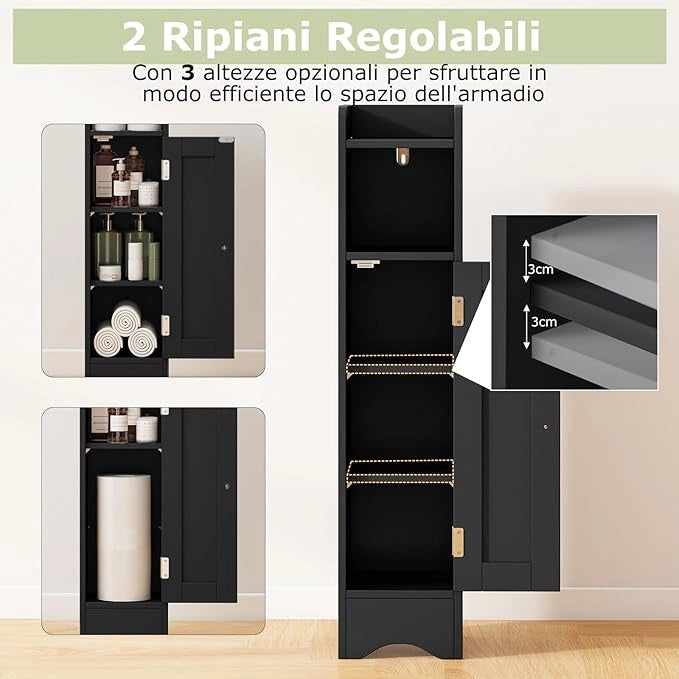 Mobiletto per Bagno Piccolo, Armadietto Salvaspazio da Terra Angolare con Porta e Ripiani Regolabili, Porta Carta Igienica Stretto, Mobiletto per Soggiorno, Cucina e Ingresso (Nero)