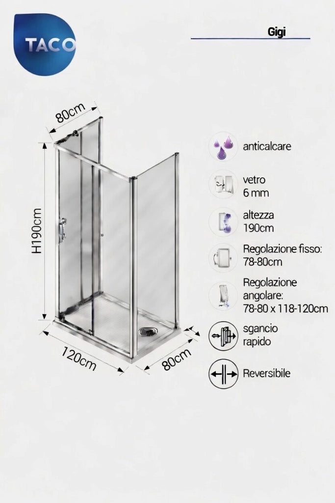 Box Doccia 3 lati 80x80x120 cm: fisso + angolare scorrevole GIGI - Cromato Lucido