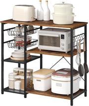 Scaffale da Cucina con 2 Cestelli Estraibili, Supporto per Microonde con 2 Ripiani in Rete Metallica, Scaffalatura Portaoggetti con 5 Ganci, 90x40x82 cm, Marrone Rustico + Nero
