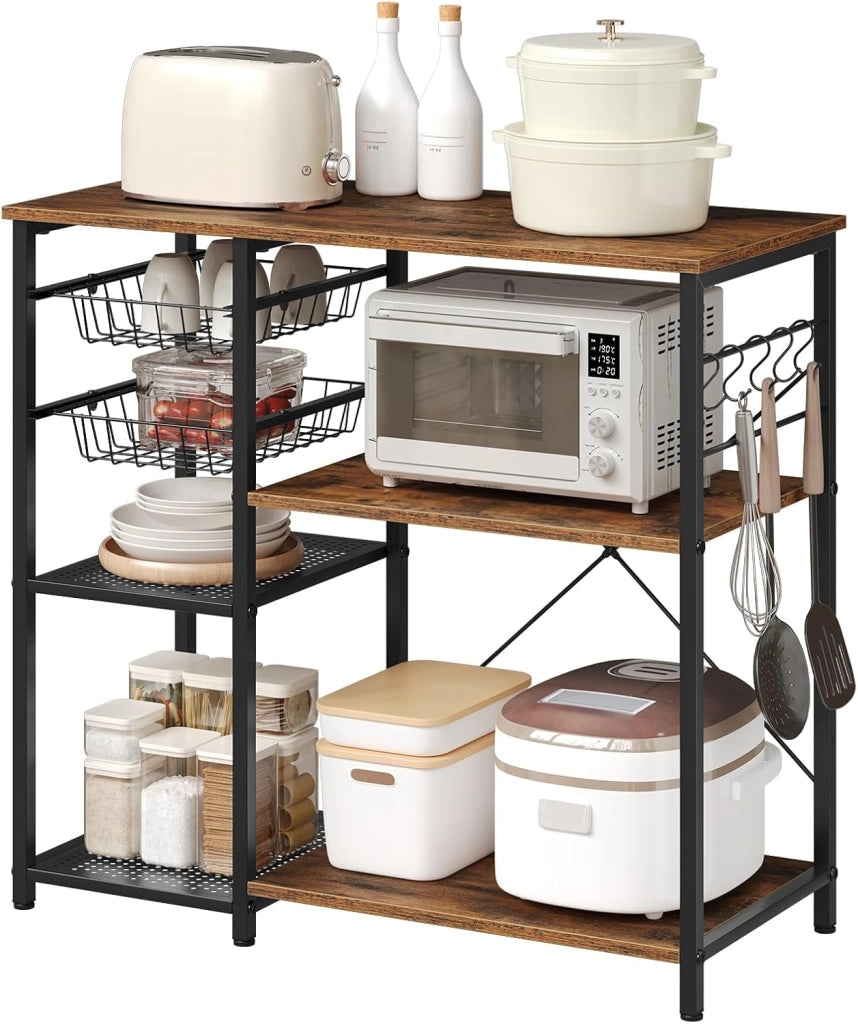 Scaffale da Cucina con 2 Cestelli Estraibili, Supporto per Microonde con 2 Ripiani in Rete Metallica, Scaffalatura Portaoggetti con 5 Ganci, 90x40x82 cm, Marrone Rustico + Nero