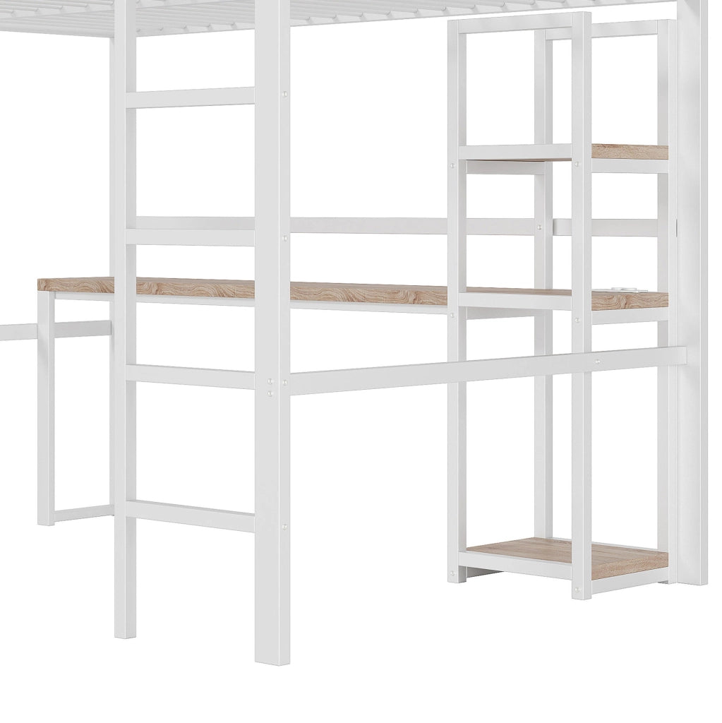Letto a soppalco 140x200 cm in metallo con scrivania, ripiani e prese USB/Type-C