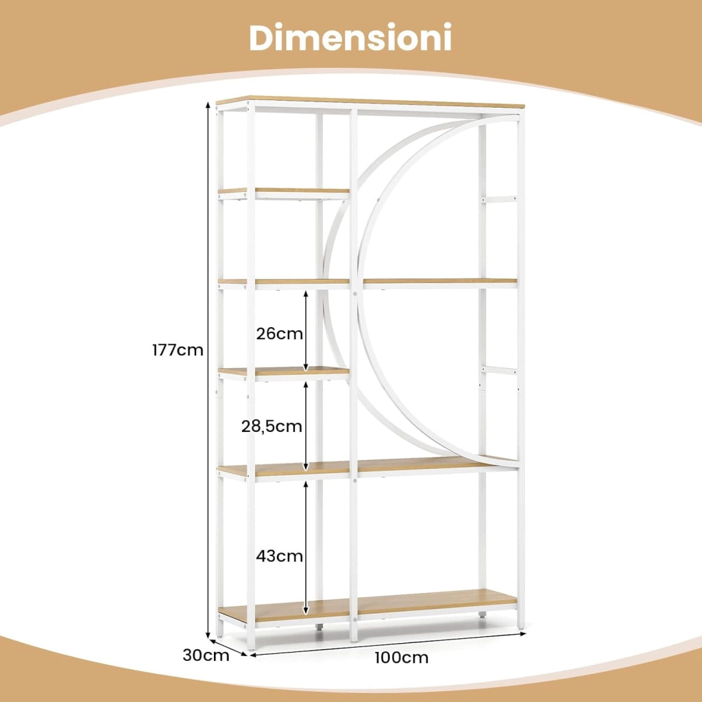 Libreria Moderna a 6 Ripiani Aperti, Scaffale Alto Autoportante Forma di Mezzaluna, Struttura in Metallo, Organizzatore per Soggiorno Ufficio, 100x30x177 cm (Naturale)