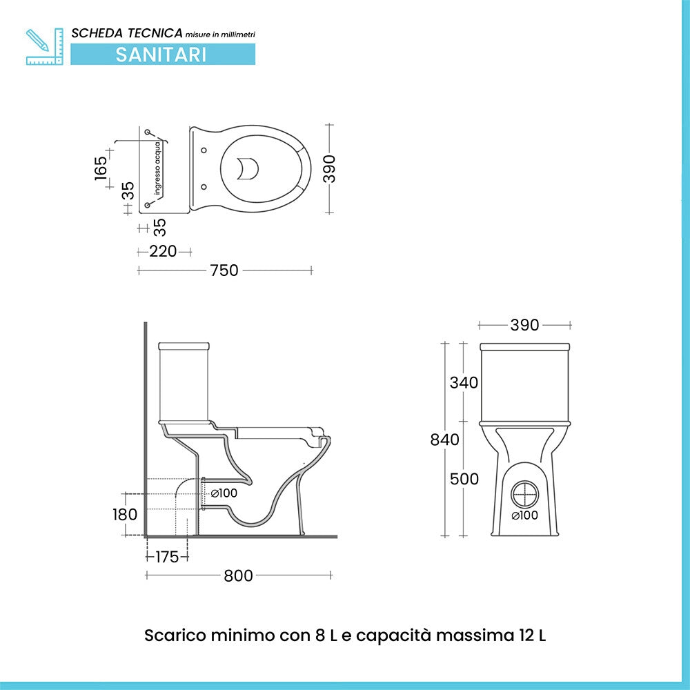 Wc per disabili monoblocco H50 cm con apertura frontale e scarico universale