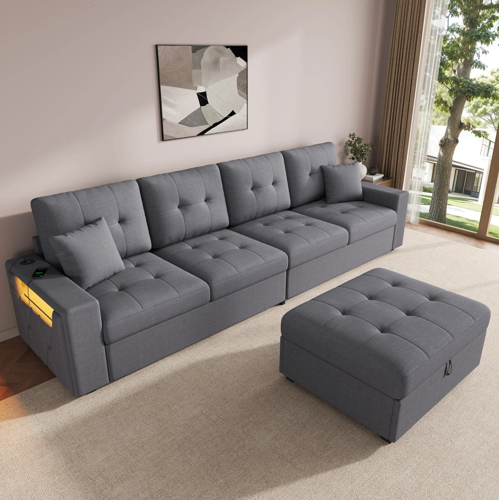 Divano 4 posti con pouf contenitore; USB e Type-C; LED; grigio antico