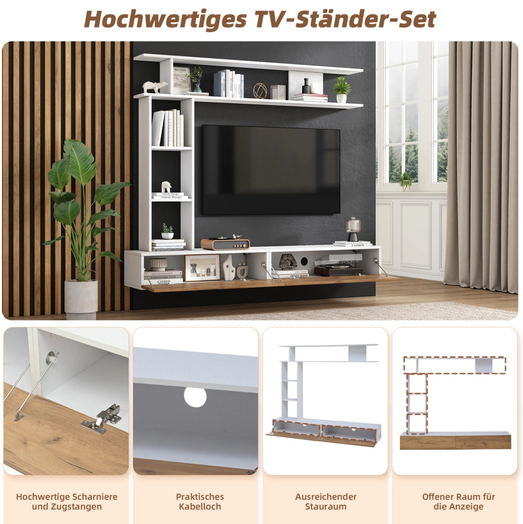 Set mobile TV con 2 ante e vani aperti; 180 cm; bianco e rovere