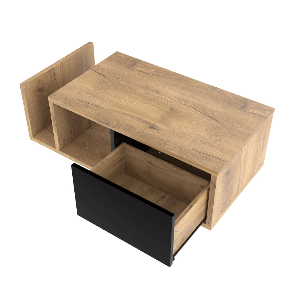 Tavolino basso con LED, 1 cassetto e vano aperto, stile retro, per soggiorno, in legno ingegnerizzato, naturale