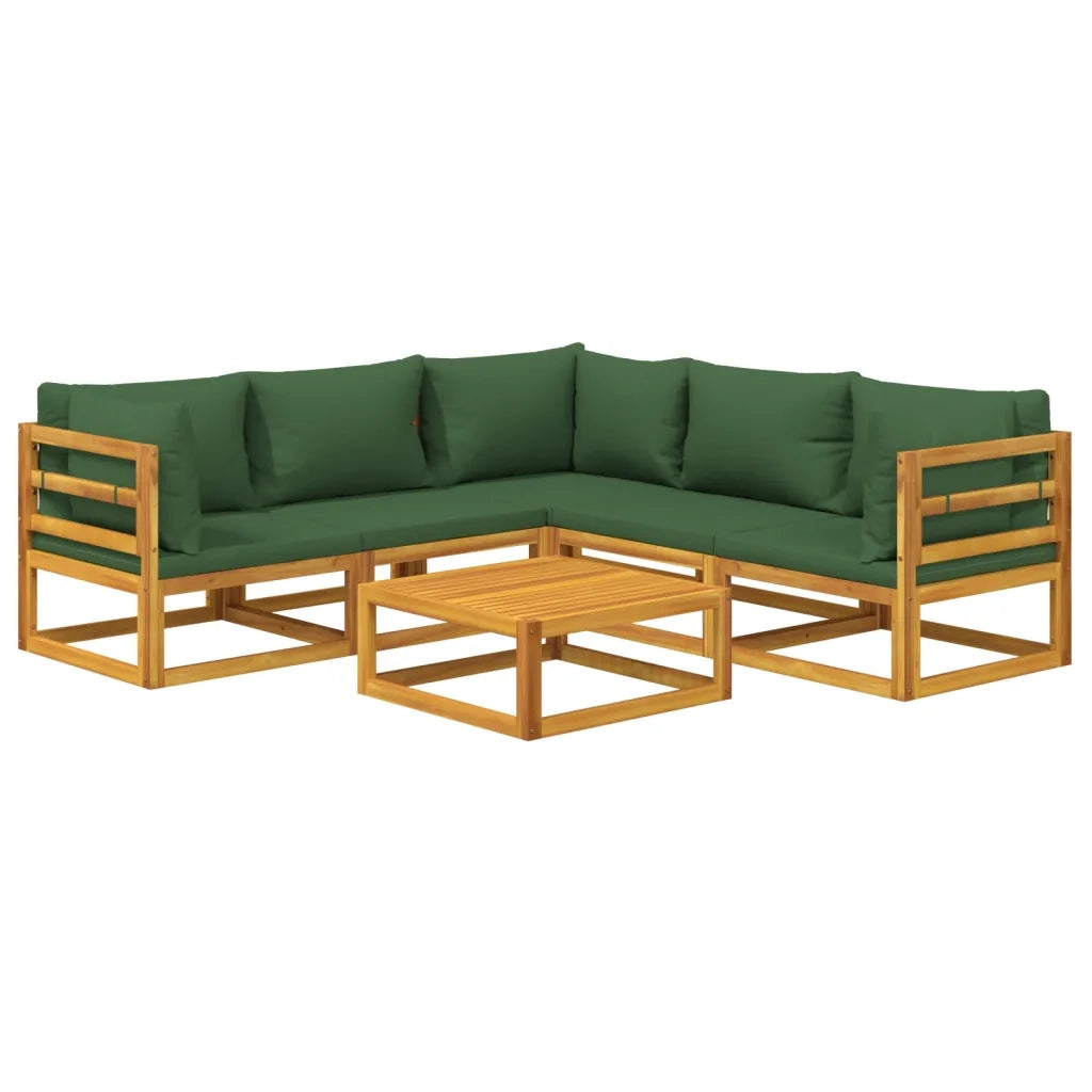 Set Salotto da Giardino 6pz con Cuscini Verdi in Legno Massello
