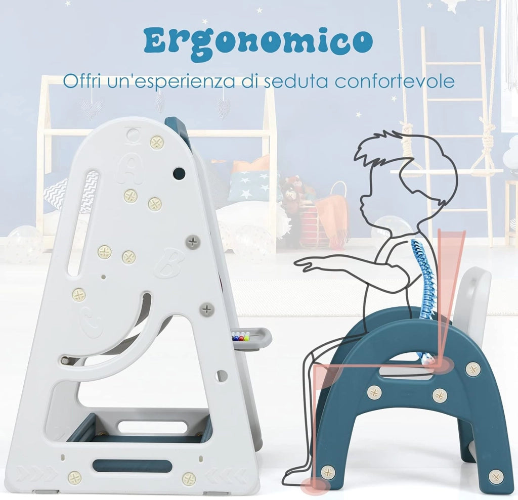 Set 2 in 1 Cavalletto per Bambini, Lavagna Magnetica Multifunzione Bifacciale, Libreria Bambini Altezza Regolabile, con Sedia e Accessori (Blu)