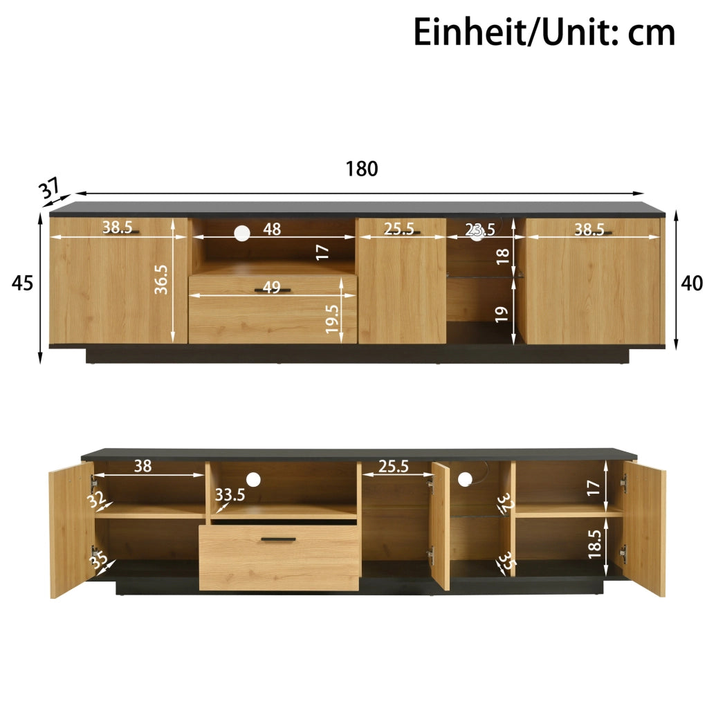 Mobile TV 180 cm nero e legno con LED, 3 ante e cassetto