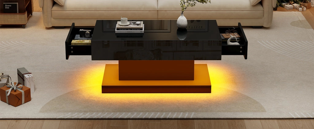 Tavolino da Caff¨¨ con LED e 2 Cassetti ¨C MINIMAL ¨C Nero Lucido, 100x50x45