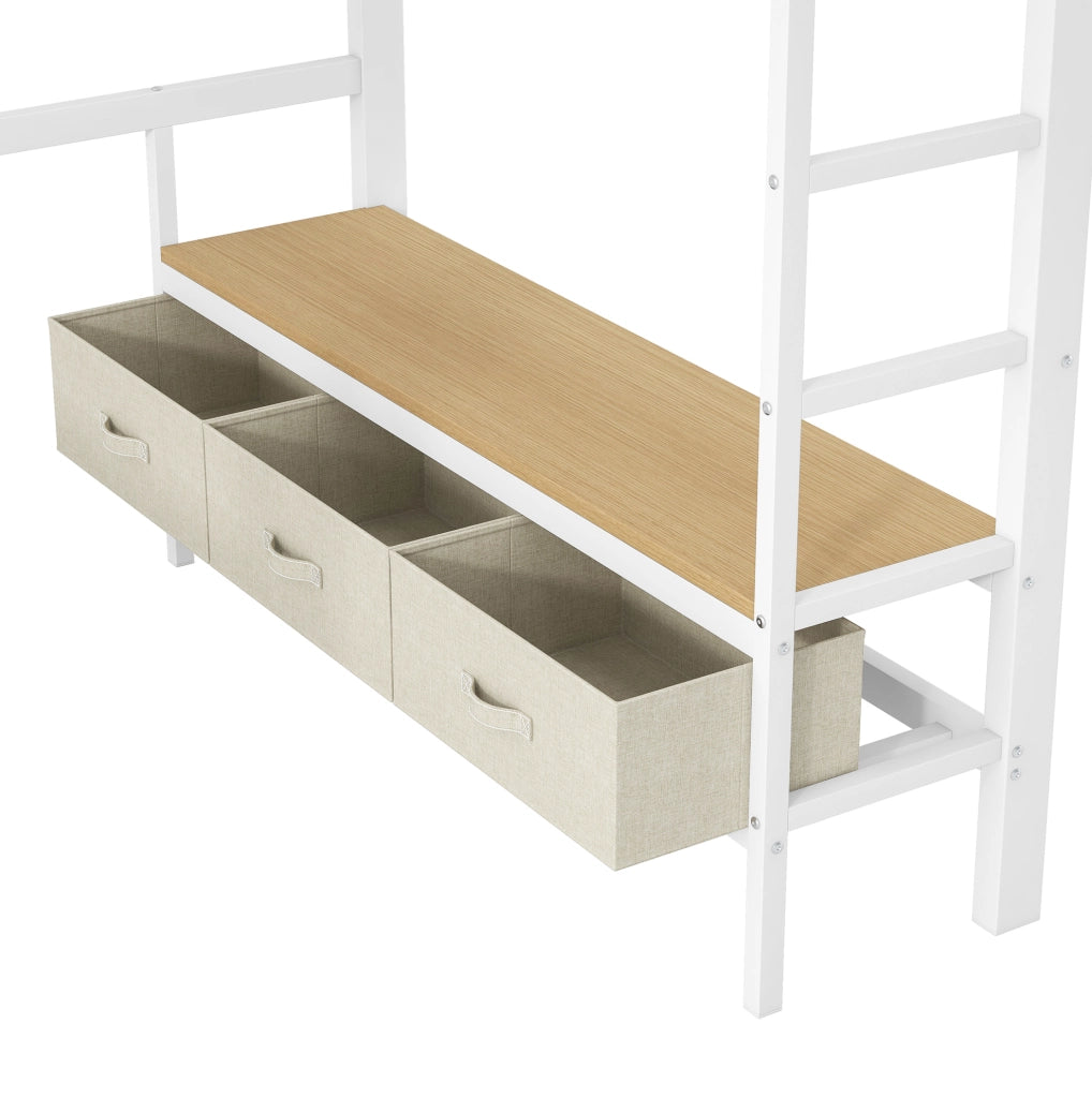 Letto a soppalco 140x200 cm con scrivania; LED e 3 cassetti in metallo e MDF bianco