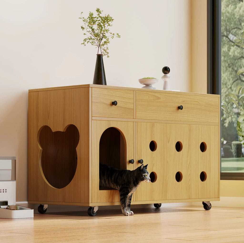 Mobile coprilettiera per gatti 100x45x66 cm in MDF naturale con cassetti e ruote