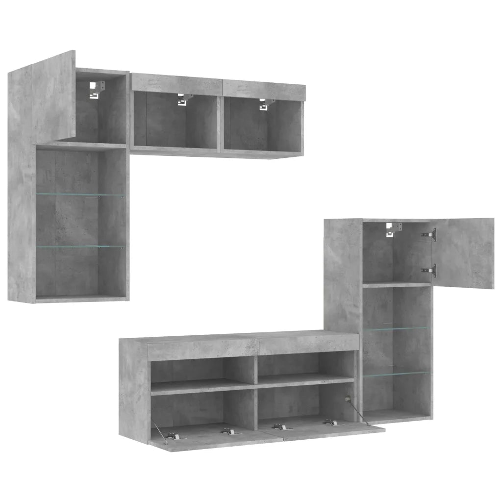 vidaXL Mobili TV a Muro con LED 5pz Grigio Cemento Legno Multistrato