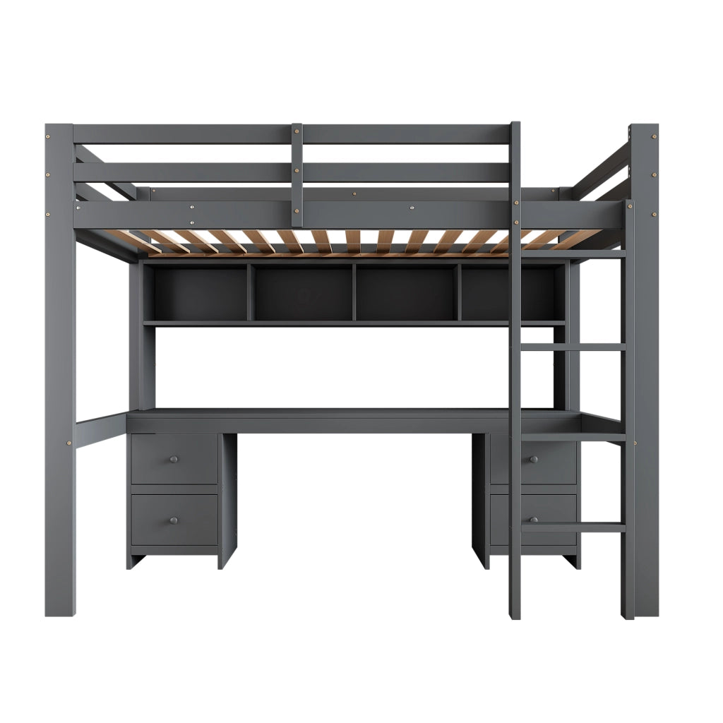 OKWISH Letto a soppalco 90×200 cm, Letto Singolo con Scrivania, 4 Cassetti, 4 Vani e Sponda Alta, senza Materasso, Grigio