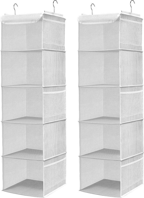 Organizzatore di armadio da 2, supporto appeso con 5 compartimenti e 6 tasche laterali in gesso per abbigliamento, con 2 ganci, Organizzatore di armadio 30 x 30 x 108 cm