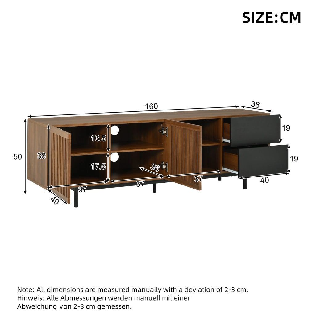 Mobile TV 160 cm con Ante a Doghe e 2 Cassetti; MDF; Noce e Nero