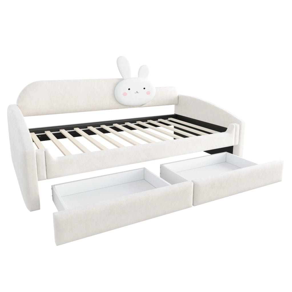 Letto imbottito 90x200 cm con cassetti e LED in velluto beige