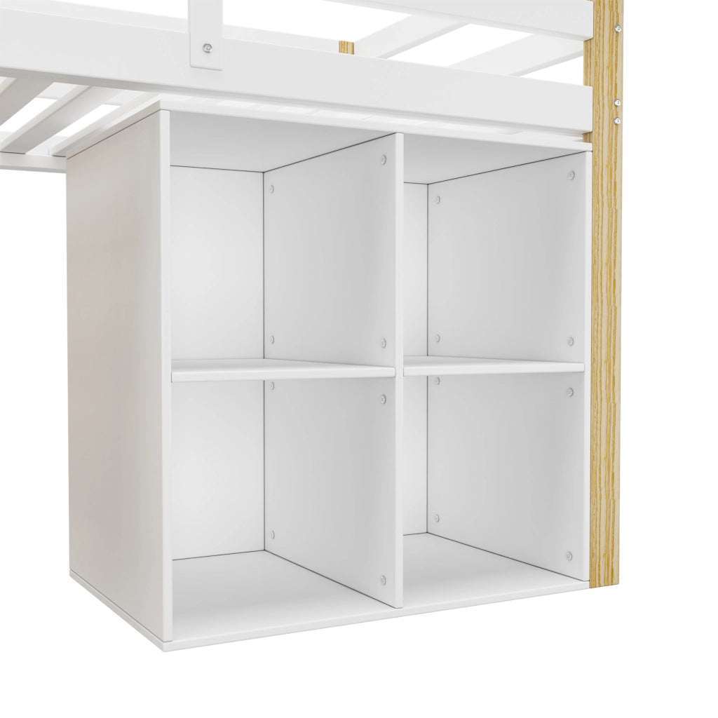 Letto a Soppalco Singolo 90x200 cm; con 2 Cassetti; Scala in Legno Massello Bianco Naturale