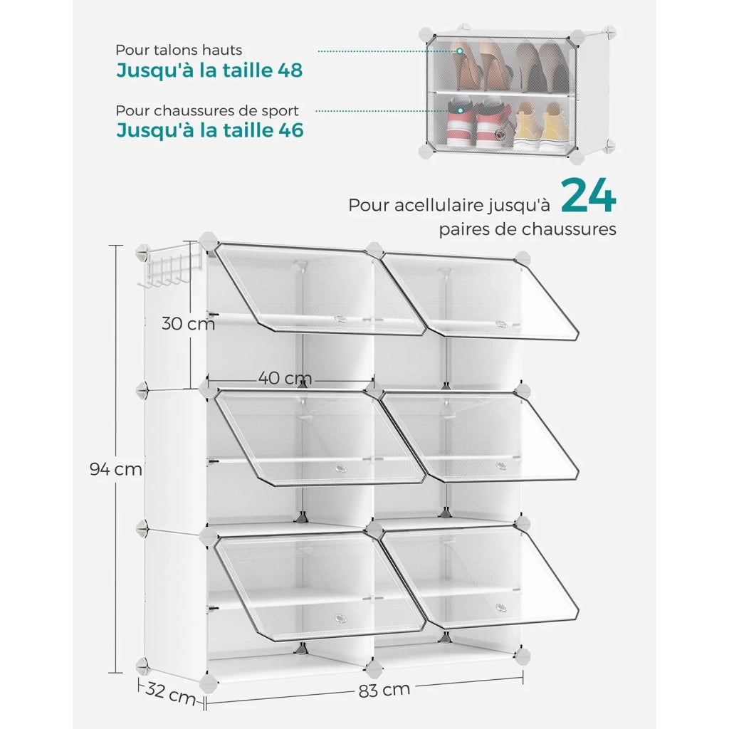 Scarpiera a 6 scomparti ripiano portaoggetti modulare scomparto 30 x 40 x 30 cm con anta struttura in acciaio pannelli in plastica bianca 12_0007323