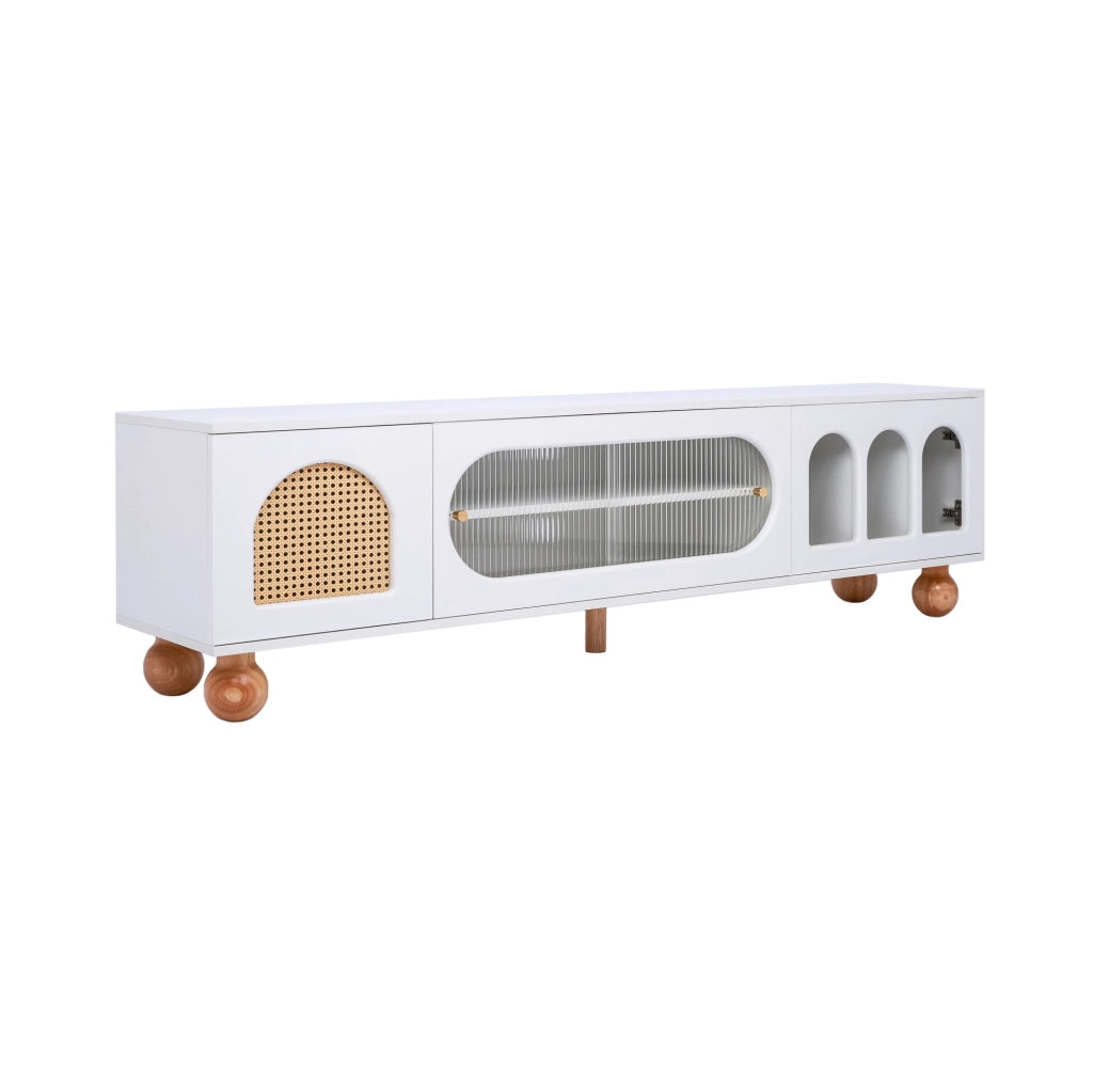 Mobile TV 170 cm bianco e legno – ante decorative, vetro scorrevole e vani