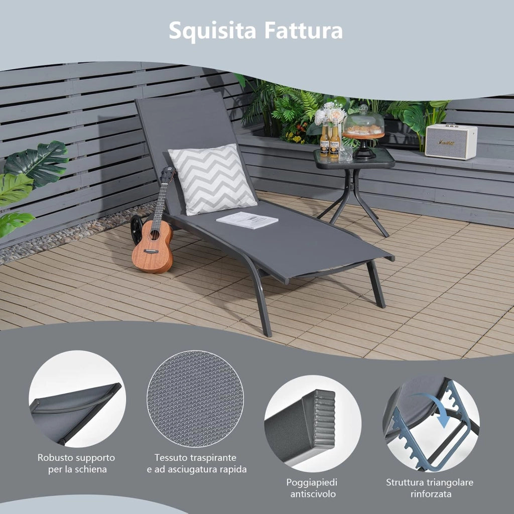 Lettino Prendisole con Ruote, Sdraio da Giardino Regolabile in 6 Posizioni, Struttura Metallica e Tessuto Traspirante, per Giardino, Piscina e Spiaggia, Portata 150 kg (1, Grigio)
