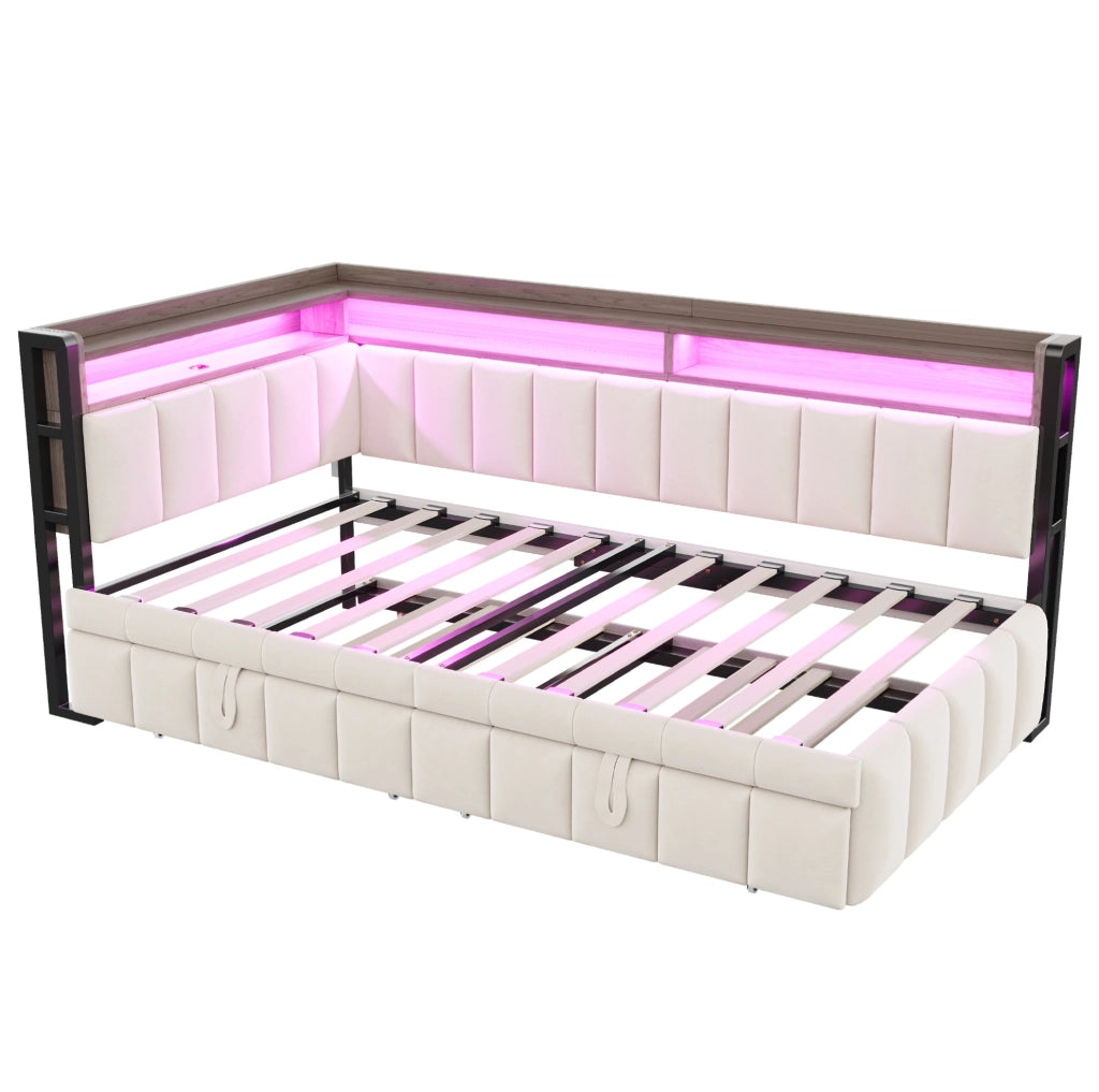 Divano letto multifunzionale 90x200 cm in velluto beige con letto estraibile; LED e USB