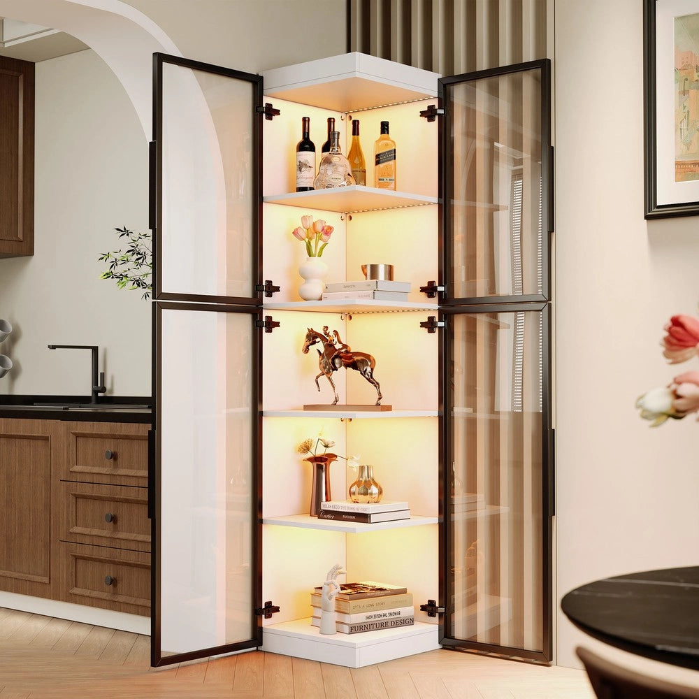 Vetrina alta e stretta con illuminazione LED - Zephmum - 170 cm, 5 ripiani, doppie porte in acrilico trasparente