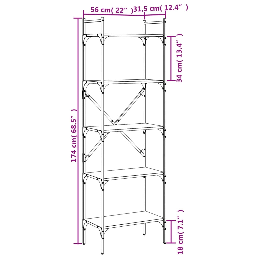 Libreria Rovere Fumo 5 Ripiani 56x31,5x174 cm Legno Multistrato 833345