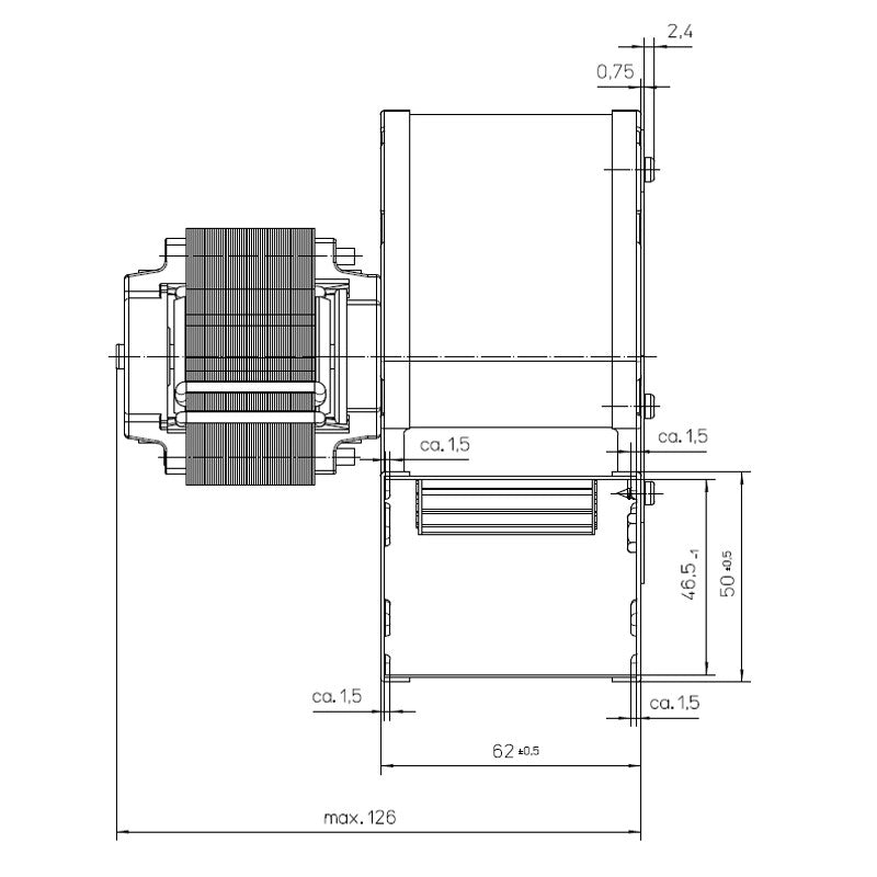 Ventilatore centrifugo EBM RLD85/0042-3020 Stufa a Pellet Motore sx 131,5mm - Bocchetta: 62x50-30W