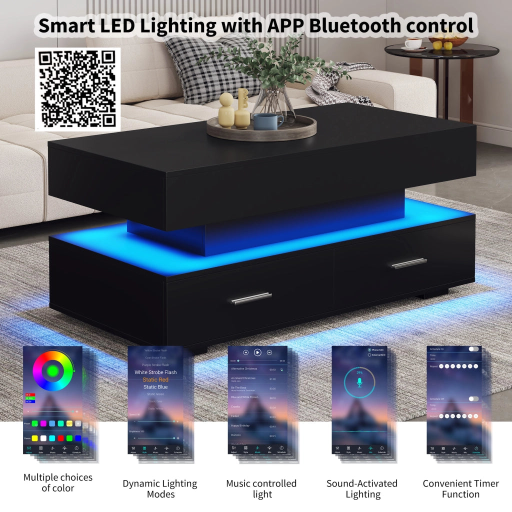 Tavolino basso sollevabile con LED e Bluetooth, 2 cassetti, vano aperto e vano nascosto, per soggiorno, nero, 100 × 50 × 44 cm