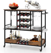Carrello Bar a 3 Livelli, Carrello Portabevande con Portabicchieri, Portabottiglie, 8 Ganci e 2 Scatole Portaoggetti, Carrello di Vino per Cucina, Sala da Pranzo e Soggiorno