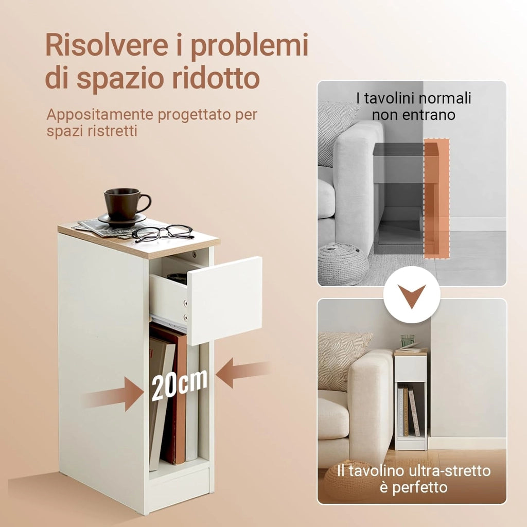 set da 2 Comodino camera da letto stretto 20 cm con cassetto comodino salvaspazio & tavolino da letto per piccoli spazi camera da letto soggiorno bianco 20x35x60 cm FBT111-WNx2