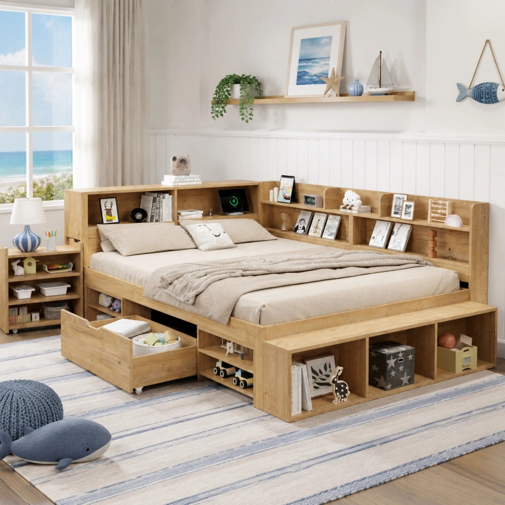 Letto singolo 140x200 cm con contenitore, cassetti e scaffali, colore naturale
