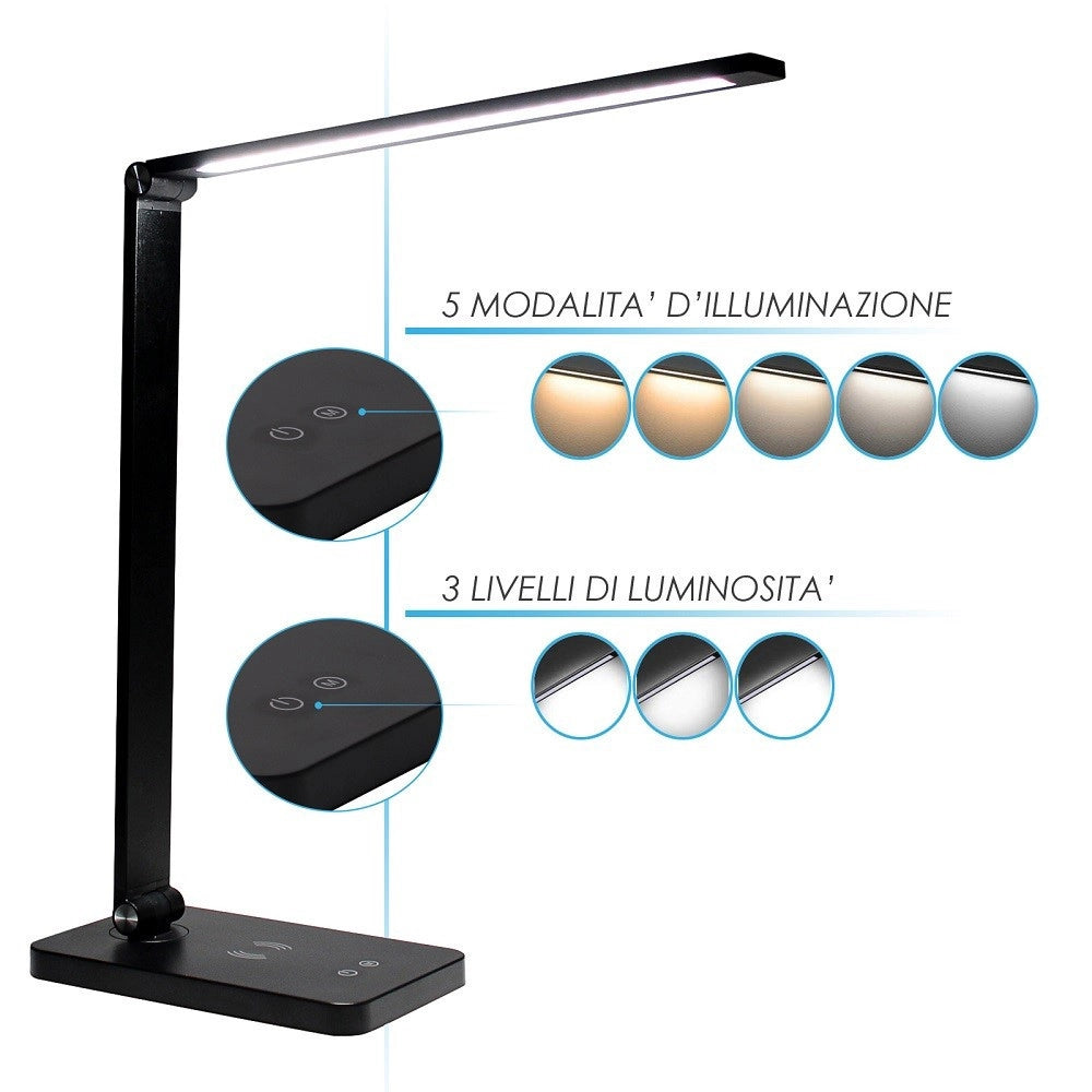 Trade Shop - Lampada Da Tavolo Led Da Scrivania Con Ricarica Wireless Per Cellulari Xc-2681 -