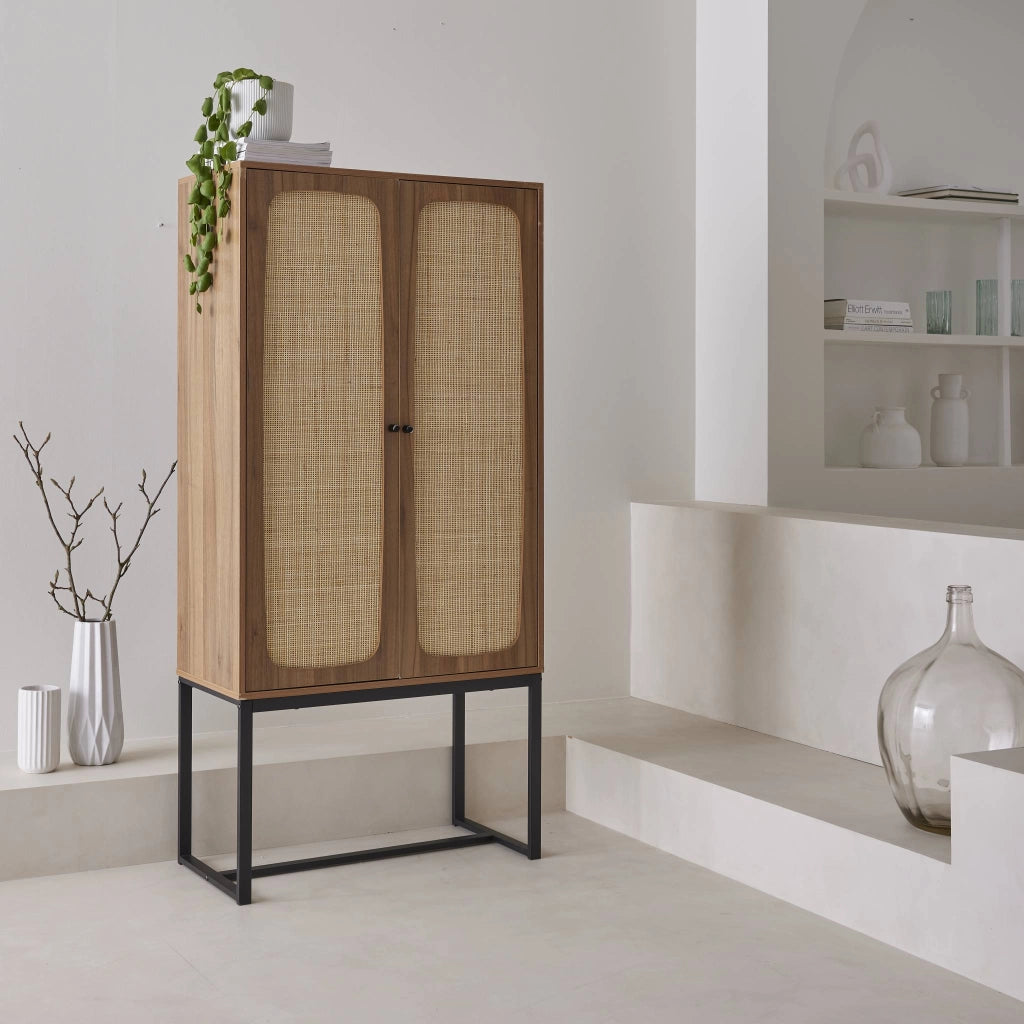 Credenza a 2 ante in canna e legno, 165cm, marrone naturale