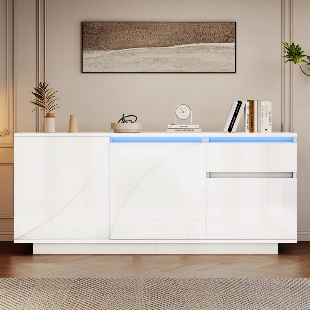 Credenza con 3 ante; 1 cassetto e LED - per soggiorno - in MDF - 140×40×60 cm - bianco