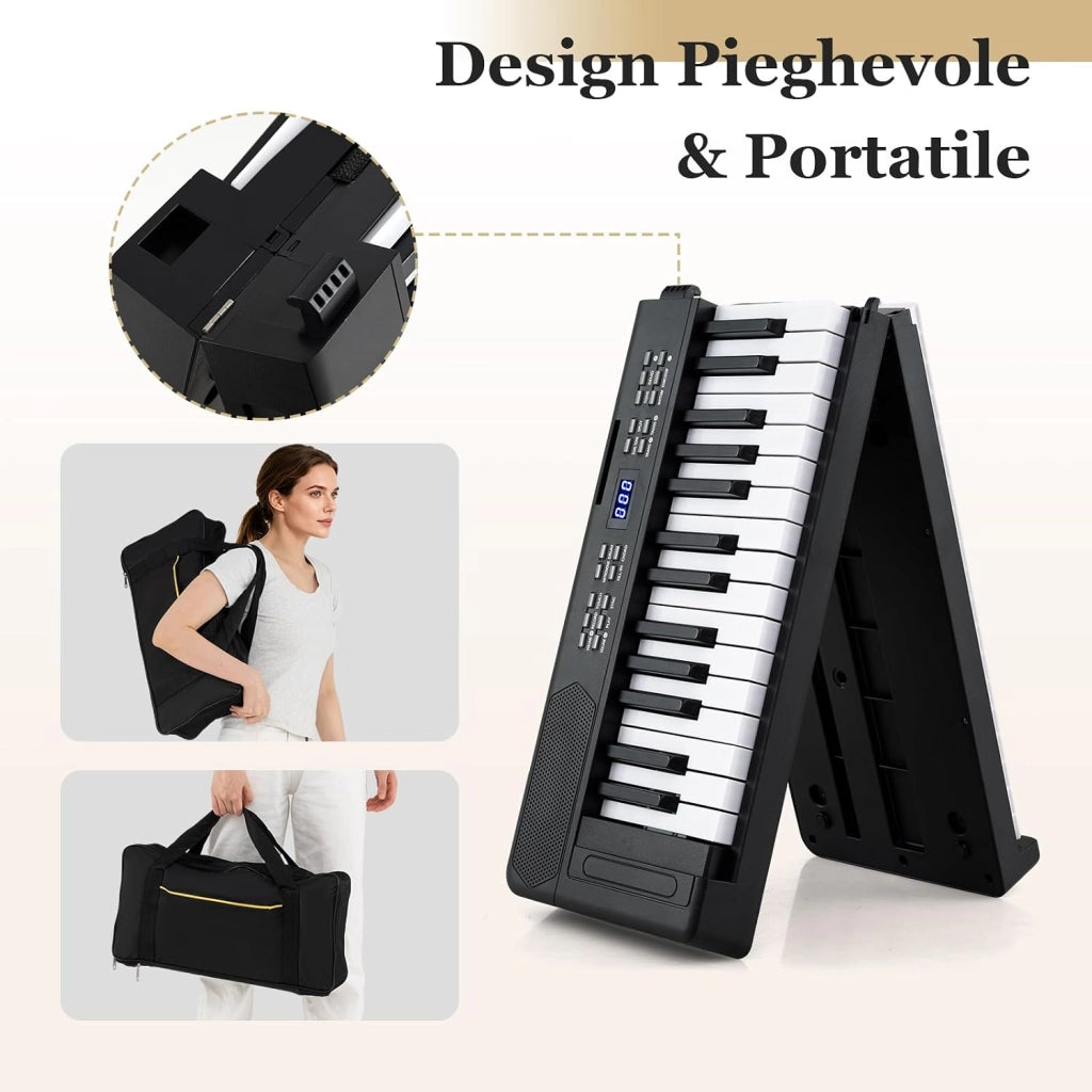 Tastiera Pianoforte Pieghevole a 61 Tasti, Tastiera Elettronica con Funzione MIDI, Cuffie, Pedale Sustain, Pianoforte Digitale Portatile per Principianti (Nero)