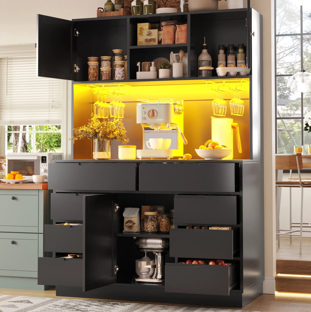 Armadio cucina 120x40x183.5 cm con illuminazione LED; 8 cassetti; MDF; nero